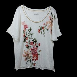 CHICO’S Floral 100% Linen Tee Size XL (3) Drop Shoulder Short Sleeves
